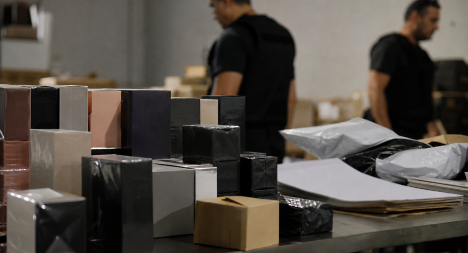 Caixas genéricas de perfumes importados apreendidos durante operação contra comércio clandestino